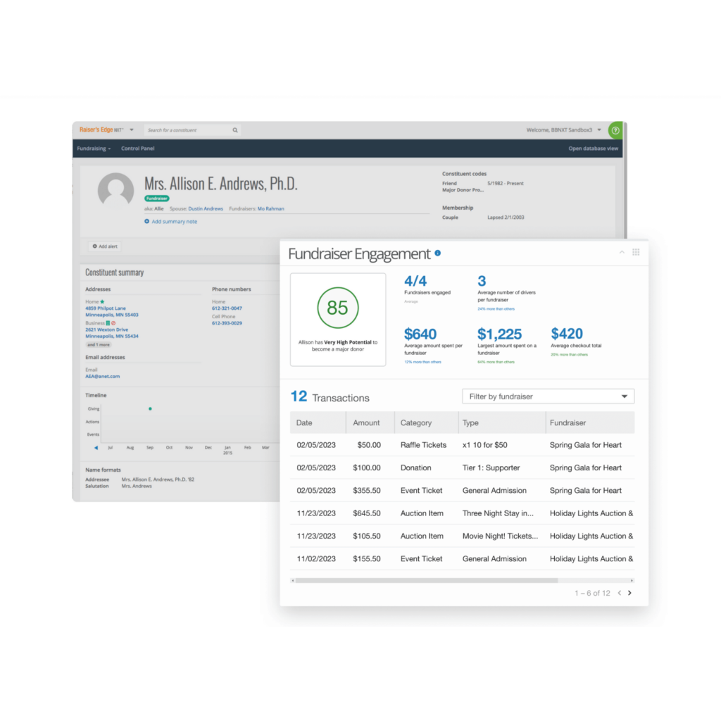 This screenshot shows how our Raiser’s Edge integration gives insight into individual donors.